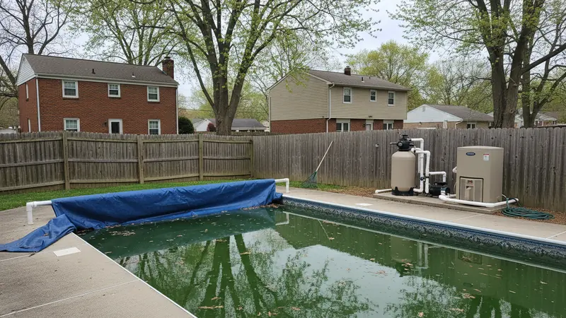 An equipment pad at the start of the season: pump, filter and heater Pool service work in Howard County, MD.